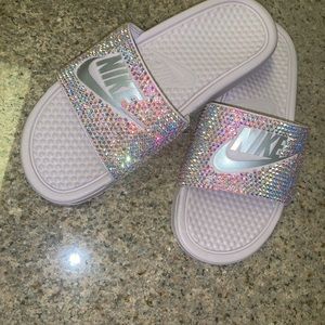 Metallic rose slides covered in glass rhinestones